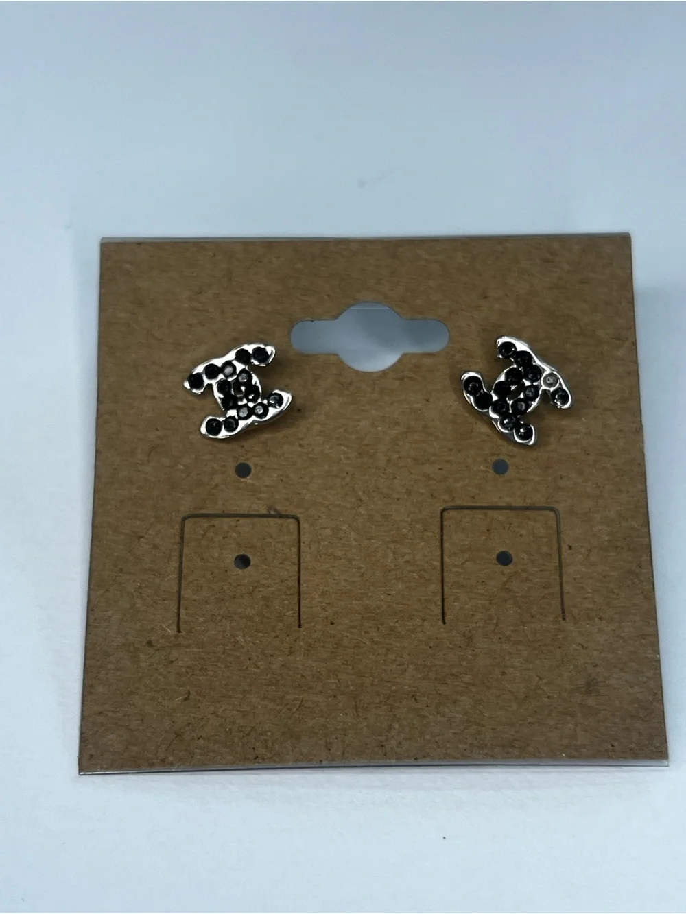 Silver Black Rhinestone Interlocking C Stud Earrings Fashion Costume Jewelry - Picture 5 of 6